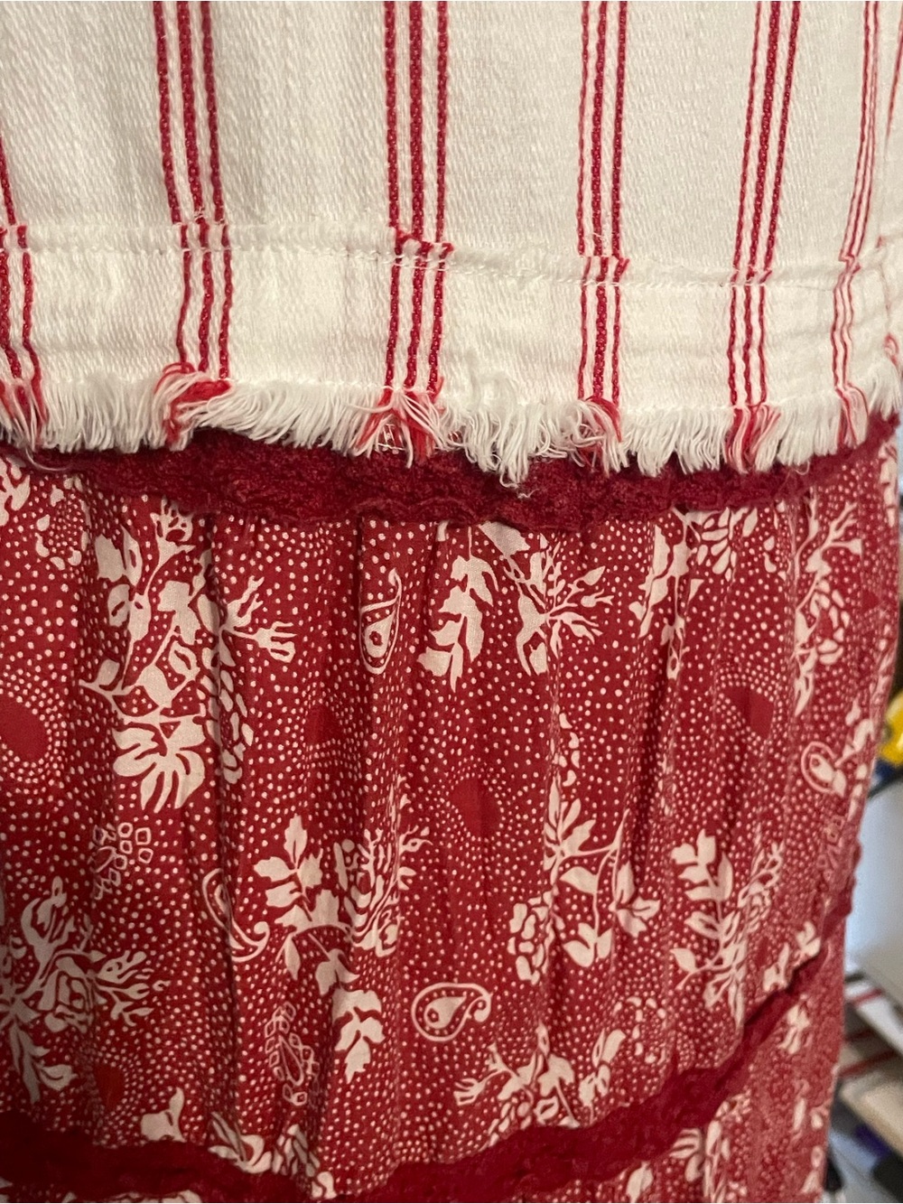 Laugh Bespoke Vintage Upcycled Boho Tiered Red White Maxi Dress Womens XXL - Picture 14 of 15